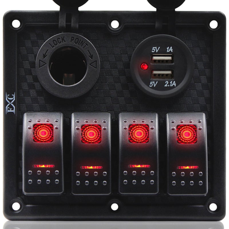 FXC Waterproof Marine Boat Rocker Switch Panel 4 Gang with Dual USB Slot Socket + Cigarette Lighter LED Light for Car Rv Vehicles Truck (4 Gang Red Light) - Image 1
